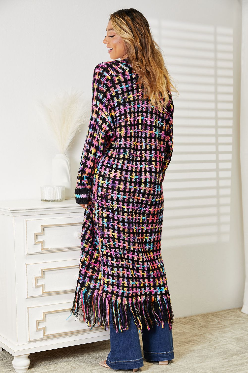 Cozy Fest Multicolored Open Front Fringe Hem Cardigan-Duster