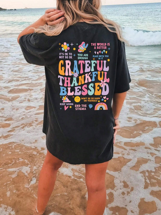 Blessed Letter Graphic Round Neck Short Sleeve T-Shirt