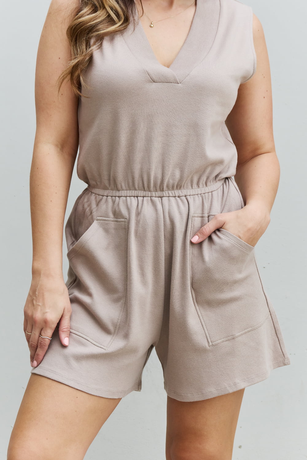 V-Neck Sleeveless Romper in Sand