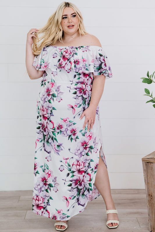 Plus Size Floral Off-Shoulder Side Slit Layered Dress