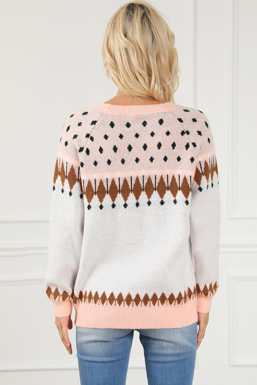 Geometric Round Neck Long Sleeve Sweater