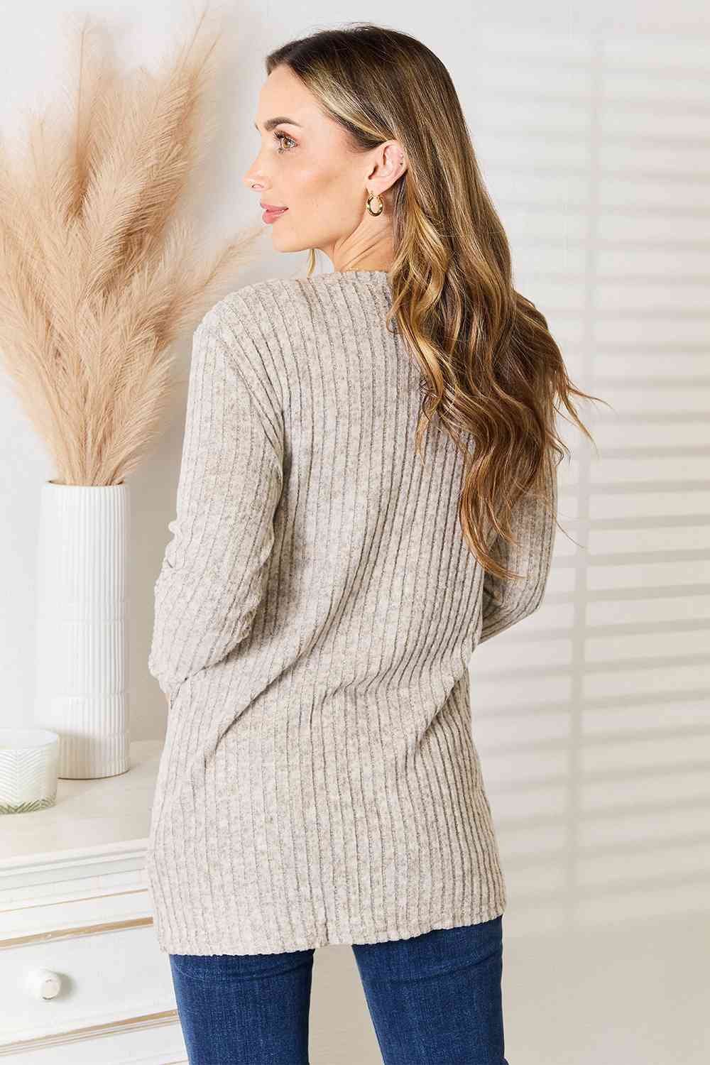 Double Take Ribbed Button-Up Cardigan with Pockets