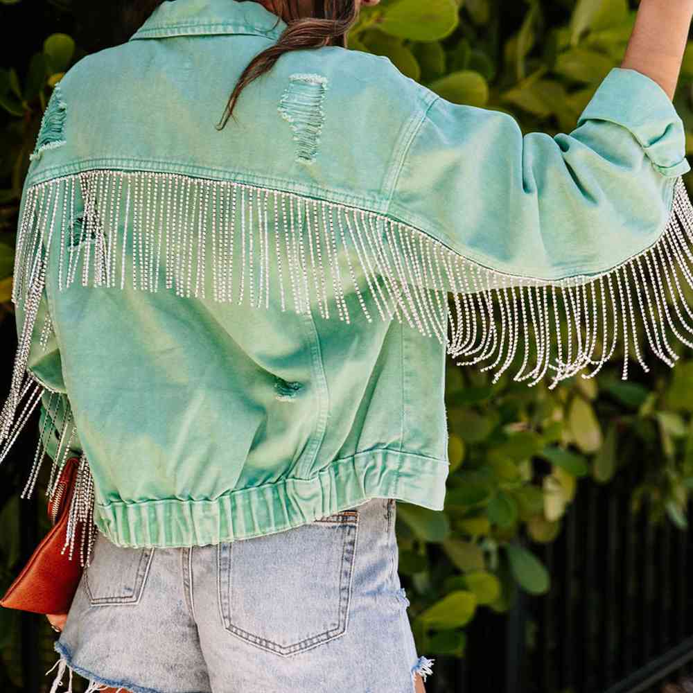 Aubrey Long Sleeve Denim Jacket with Fringe in Green Apple