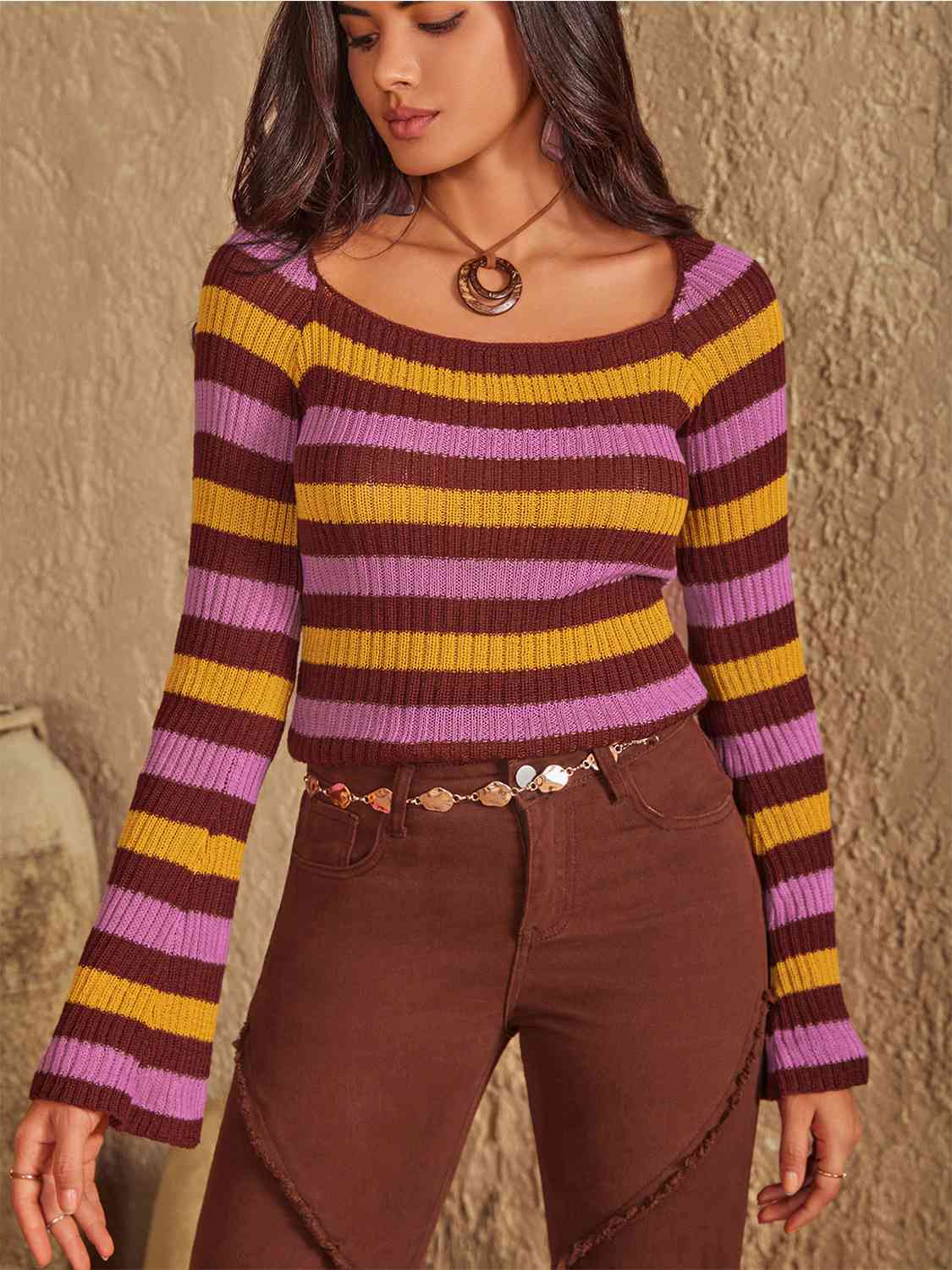 Striped Boat Neck Flare Sleeve Knit Top