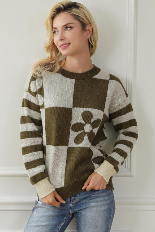 Contrast Round Neck Long Sleeve Sweater