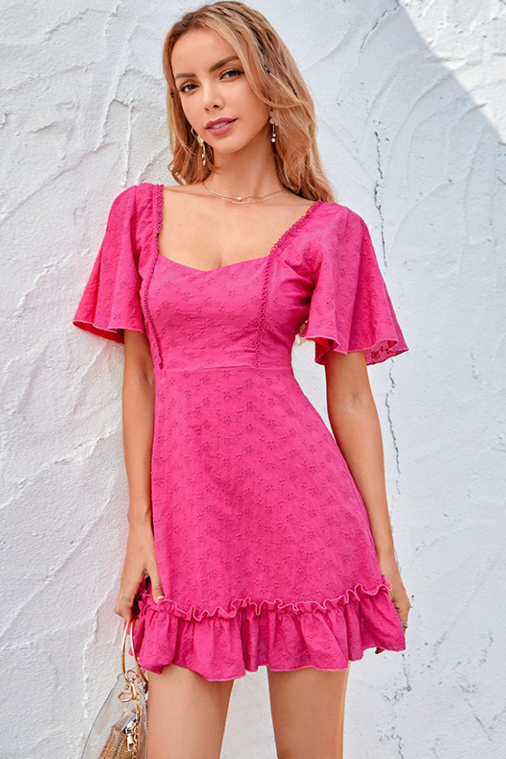 Ruffle Hem Flutter Sleeve Mini Dress in pink