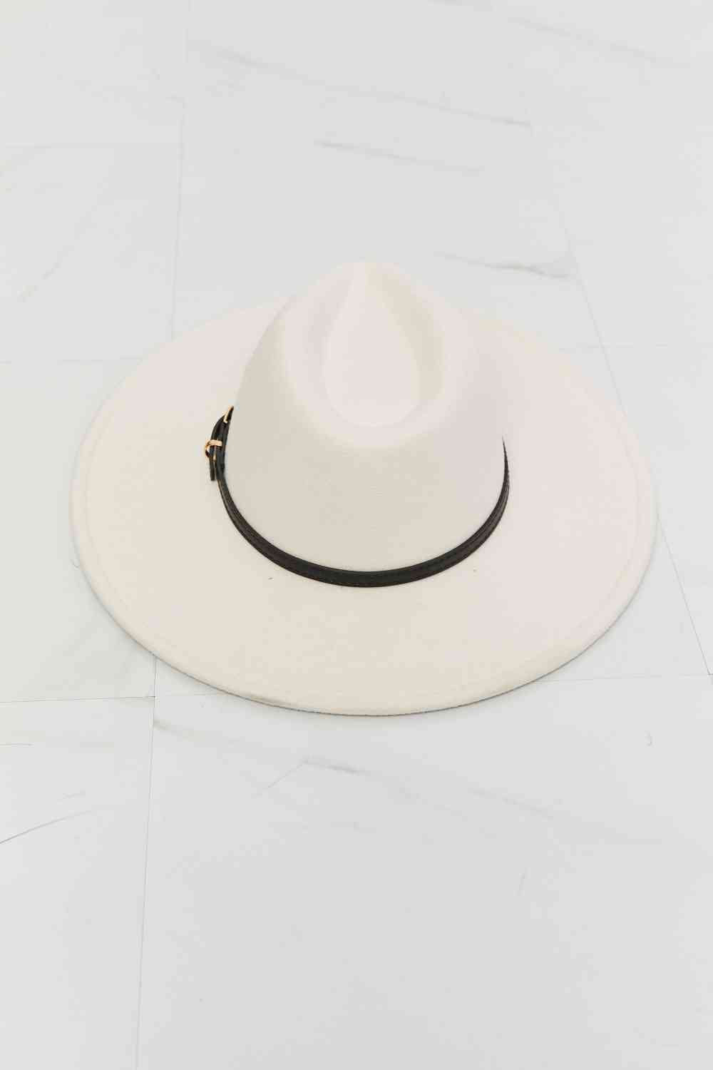 White Cream Classy Fedora Hat w belt trim