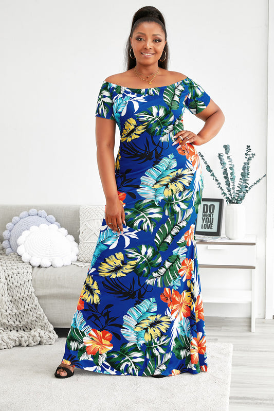 Plus Size Floral Off-Shoulder Short Sleeve Fishtail MAXI Dress
