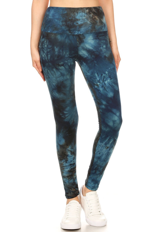 Relaxing Time Banded Lined Tie Dye Printed Knit Legging With High Waist Blue