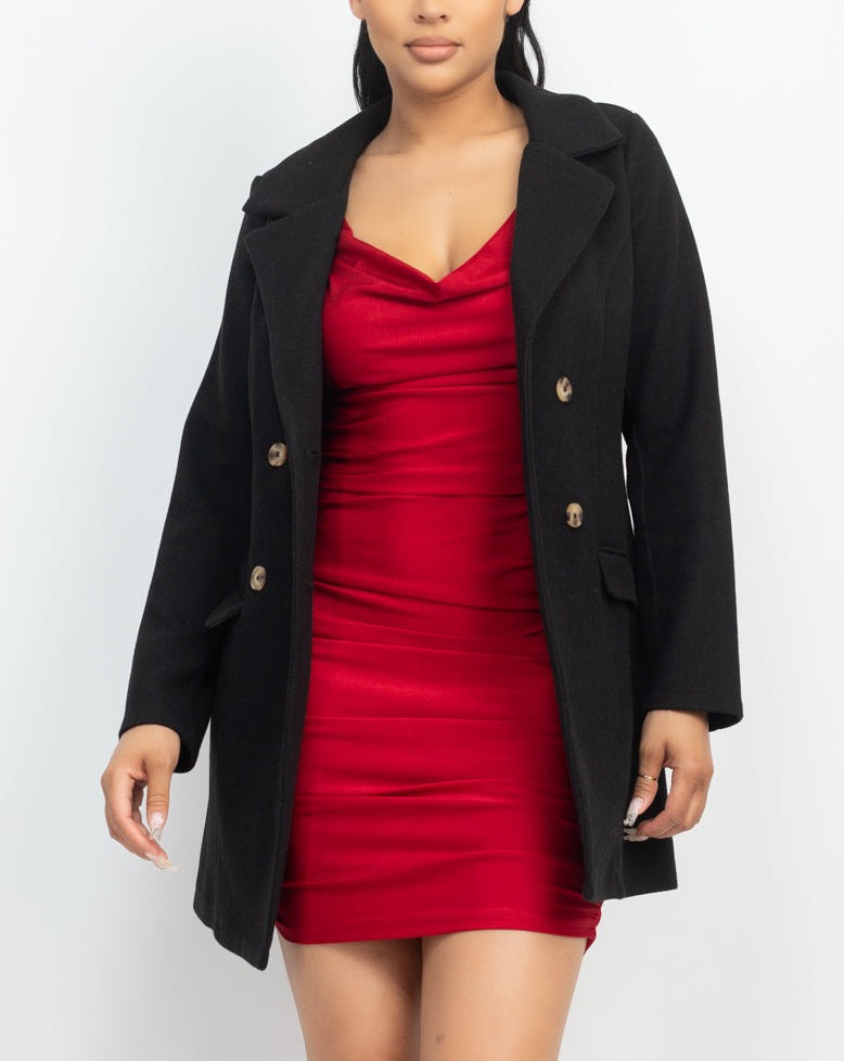 Black Double-breasted Solid Coat for women