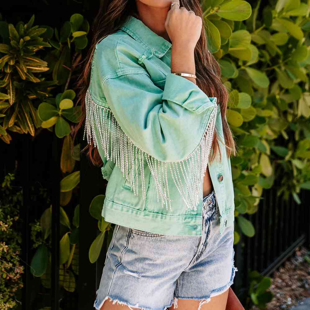 Aubrey Long Sleeve Denim Jacket with Fringe in Green Apple