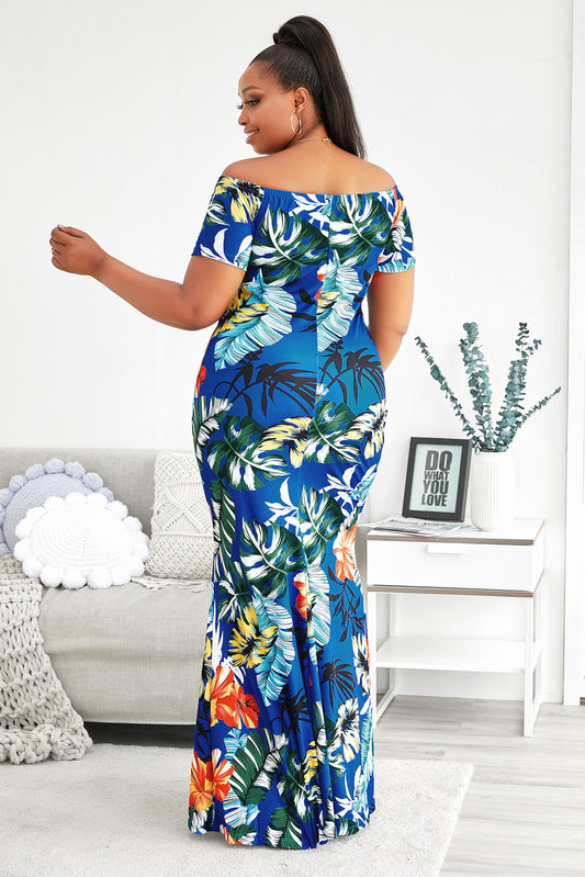 Plus Size Floral Off-Shoulder Short Sleeve Fishtail MAXI Dress
